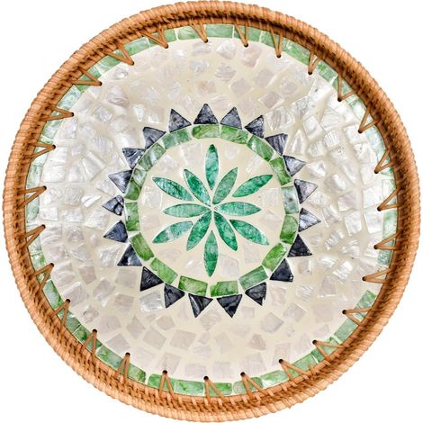 Plateau de Service Rond en Rotin, Plateau Décoratif Table Salon, Plateau Mosaïque 30cm, Plateau Rustique pour Café, Boissons, Petit-Déjeuner, Thé, Bougies, Fruits (1/5)