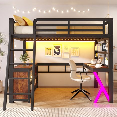 Lit mezzanine 90x200 cm équipé d'un bureau, armoire de rangement et bande LED, structure métallique, chambre enfant/ado, Noir (Sans matelas) (1/5)