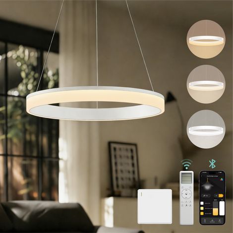 Mai & Mai Lustre Suspension Plafonnier LED Triple Commande Câble Réglable Lampe de Nuit pour Salle à Manger Salon Chambre Blanc Sablé 60×60 CM 30W Luvina-02
