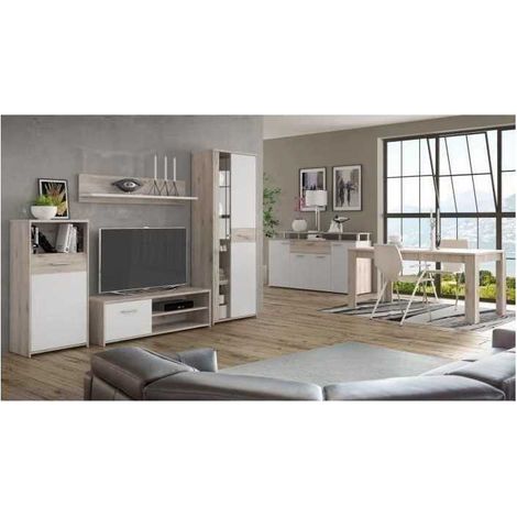 Les Tendances – Ensemble meuble TV contemporain – Buffet 170cm – Table à manger 160cm – Panneaux MDF blanc mat et décor chêne – Fabrication européenne (1/5)