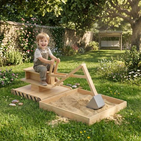 Arenero para Niños de Madera con Excavadora Arenero Infantil con Asiento Giratorio 360° y Forro 184x90x56 cm Natural (1/5)
