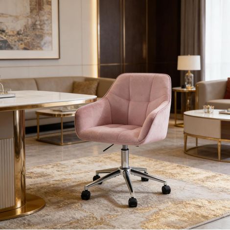 Silla de oficina ergonómica, altura ajustable, giratoria 360°, con ruedas, metal y terciopelo rosa (1/5)