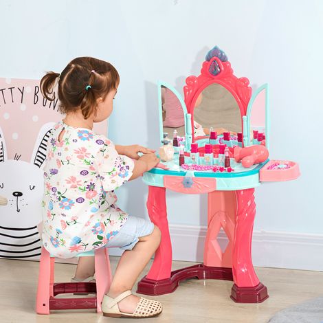 Multicolore - Coiffeuse enfant (à partir de 3 ans) avec tabouret, miroir, lumière, musique et sèche-cheveux, dimensions 57 x 34 x 76 cm