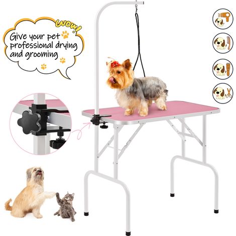 Homevive Mesa de Peluqueria Canina Plegable Mesa de Aseo para Perro Mascotas Antideslizante Carga 100Kg Altura Regulable Rosa