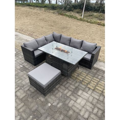 Fimous Rattan Corner Sofa Set Gas Firepit Dining Table Set Patio Heater Burner With Big Footstool Dark Grey (1/5)