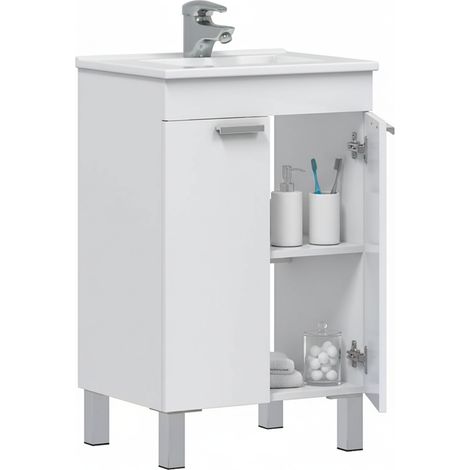 Waschbeckenunterschrank Tuglie, 2 Türen, Schwingtüren, Aluminiumfüße, 50x39x80h cm, Weiß Hochglanz