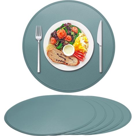 APEX Un ensemble de 6 sets de table ronds, en cuir, 38 cm de diamètre, imperméables et antidérapants, protection de table (bleu). (1/4)