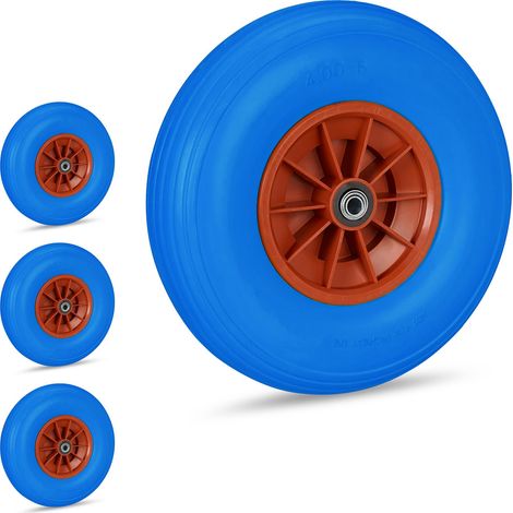 4 x Rueda Carretilla 4.00-6, Goma Maciza, Llanta de Plástico, 3 Adaptadores cada una, Antipinchazos, 100 kg, Azul y Rojo