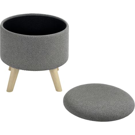 Pouf rond repose-pieds tabouret avec coffre de rangement pieds en bois design moderne gris (1/5)