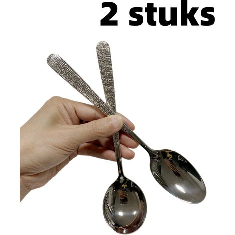 Ensemble de 2 pièces - Cuillère - Louche - Acier inoxydable martelé - Cuillère ronde à long manche - Cuillère utilitaire - Argent (1/5)