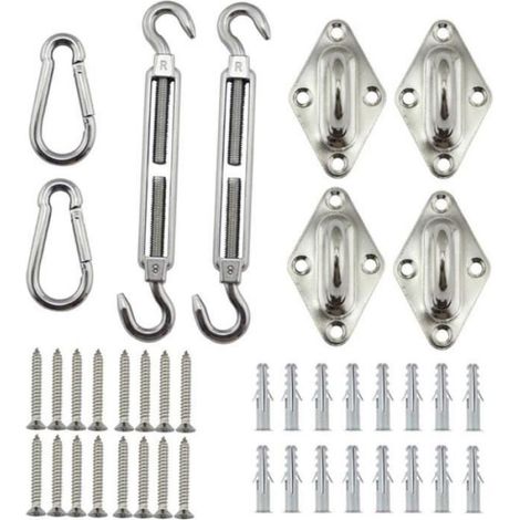 Kit De Fixation Pour Voile D'ombrage - Acier Inoxydable - Charge Max 350 Kg - Pour Jardin Terrasse Piscine - 2 Tendeurs 4 Coussins 2 Mousquetons 16 Vis (1/4)