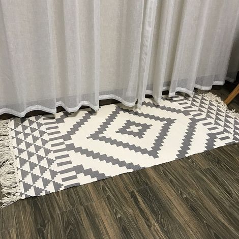 Tapis en coton, tapis à franges tissées, tapis à pompons imprimés, tapis géométrique de bienvenue, tapis de couloir lavable en machine pour intérieur et extérieur, idéal pour porche, cuisine, salle de