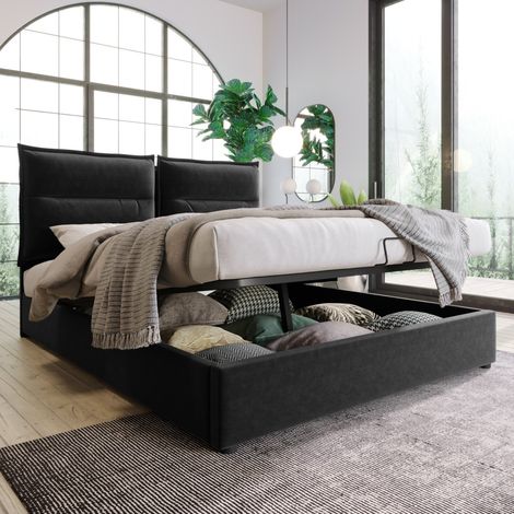 Lit double 140x200 coffre hydraulique, tête de lit relevable, velours noir, sommier métal, grand rangement (sans matelas) (1/5)