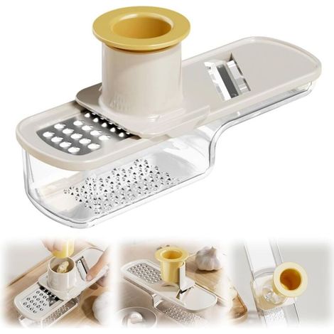 Ce moulin à gingembre et à ail 3 en 1 pour la cuisine comprend une râpe compacte avec un protège-main et des lames en acier inoxydable.