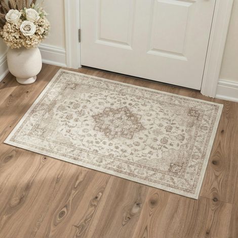 Tapis Entree Interieur Vintage 60x90cm Lavable en Machine AntidéRapant Poil Ras, pour Chambre Salle a Manger Descente de Lit Bureau, Cuisine, Beige (1/5)