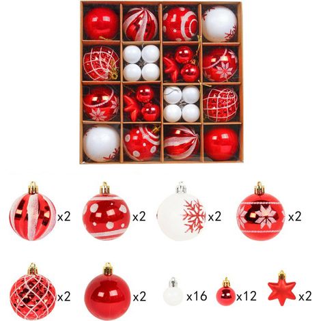 42 bruchsichere Weihnachtskugeln mit Glitzer und Glasur, rot-weiß, für festliche Dekoration (1/2)