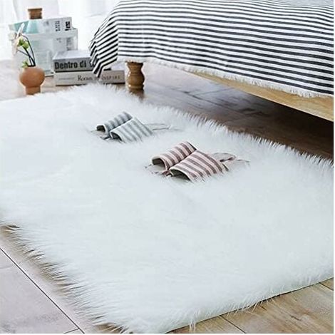 Alfombra de piel de oveja sintética, acogedora y de lana auténtica, de lujo, hecha a mano, para sofá (blanca, 60 x 90 cm) (1/5)