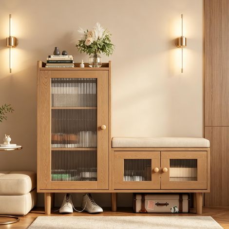 Mueble de recibidor de 100 cm – Banco y zapatero – Banco tapizado – Estantes ajustables – Estilo moderno – Natural (1/5)