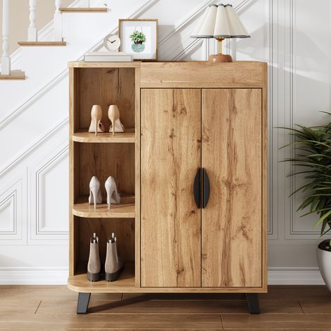 Meuble à chaussures 80x32x99 cm avec étagères ouvertes et rangement fermé, gain de place, bois naturel (1/5)