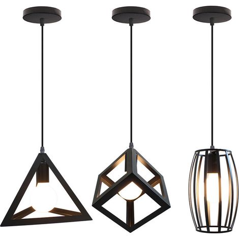3 x Lampes Suspensions Luminaire Design Géométrique Moderne E27 Lustre Suspensions Abat Jour en Métal Plafonnier avec Support en Barre pour Chambre Salon - Noir BLOW (1/5)