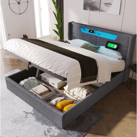 letto contenitore 160x200 LED USB grigio in lino moderno HAVRYA (1/5)