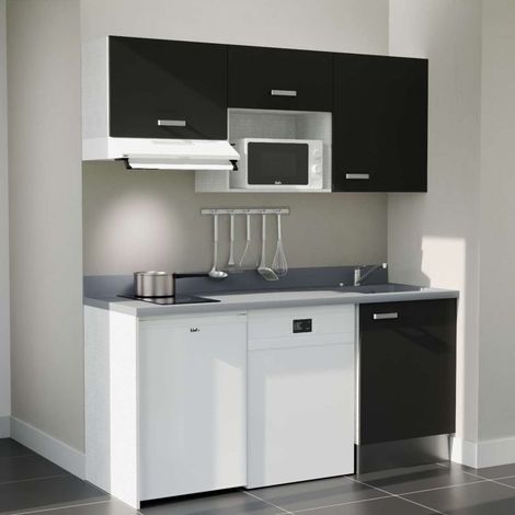 Kitchenette K55L - 180 cm - emplacements hotte, micro-ondes, frigo et lave-vaisselle-Noir-Cromo-évier à droite