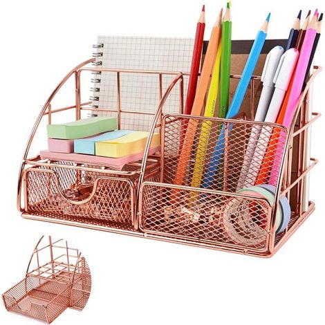 Pot à crayons avec 5 compartiments et tiroir, organiseur de bureau multifonctionnel gain de place pour stylos, crayons et petits accessoires, or rose (1/5)