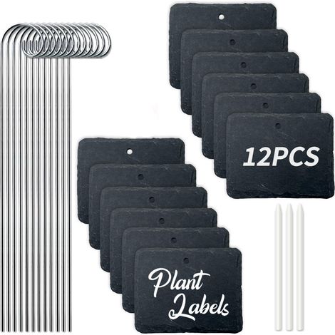 Lot de 12 Étiquettes Plantes Ardoise Rectangulaires avec Tige Métal, Imperméables Extérieur (1/4)