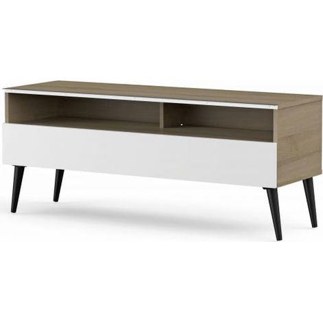 Meuble TV 1 porte 2 niches bois clair et blanc Solna 120 cm (1/5)