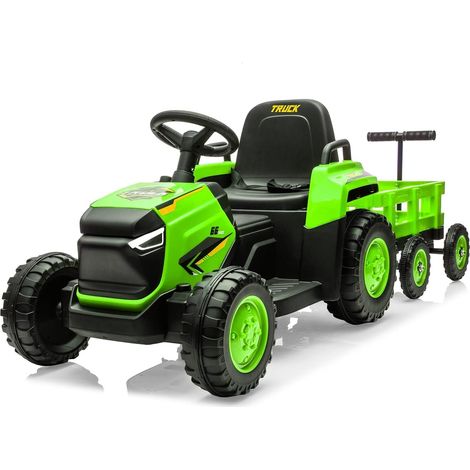 12V Tracteur Électrique Enfants - Pelle & Remorque Amovible, 6 Pneus & LED & Klaxon, Télécommande 2,4G,Vert (1/5)