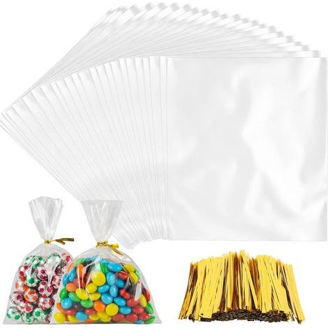 300 Sachet Plastique Transparent15x10cm avec 300 Attaches Dorées Pour Bonbons, Biscuits, Cadeaux Idéal Fêtes, Mariages, Commerces Alimentaires (1/5)