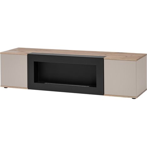Meuble TV Catalina avec cheminée bioéthanol - Bois MDF cachemire et chêne Viking - 160 x 42 x 45 cm - Livraison gratuite (1/3)