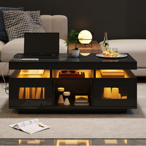 Tavolino basso 100 x 50 x 43 cm con LED, presa e USB, nero DESVIAE (1/5)