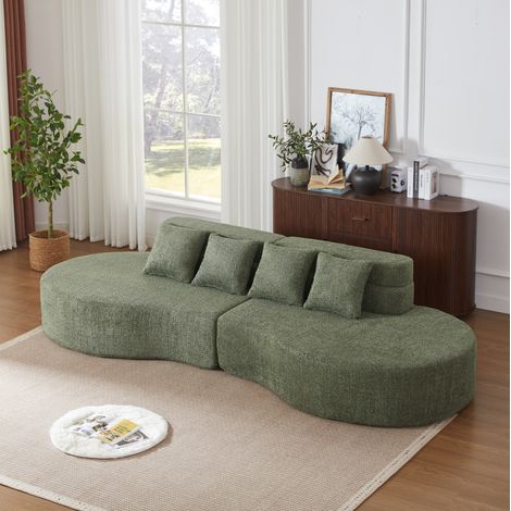 Canapé modulaire en chenille verte, 2 parties, tout mousse sans structure, design arrondi (1/5)