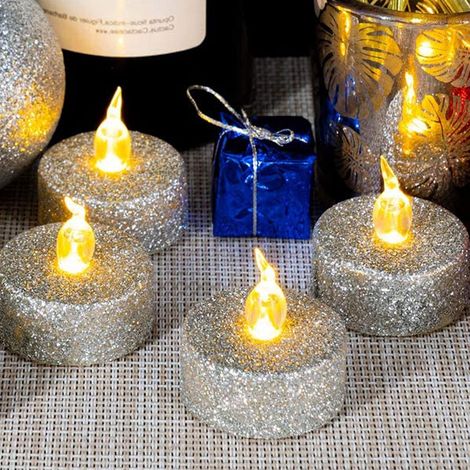 Set of 12 battery-operated tealight candles - 100 hours - Flickering LED - Flameless - Warm yellow - For weddings, parties, festivals - Silver (1/5)