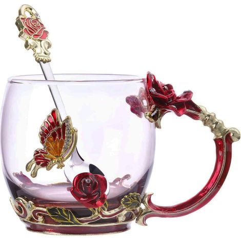 1 Tasse à thé en verre émaillé avec cuillère, motif fleurs papillons rose, 330ml, pour boisson chaude