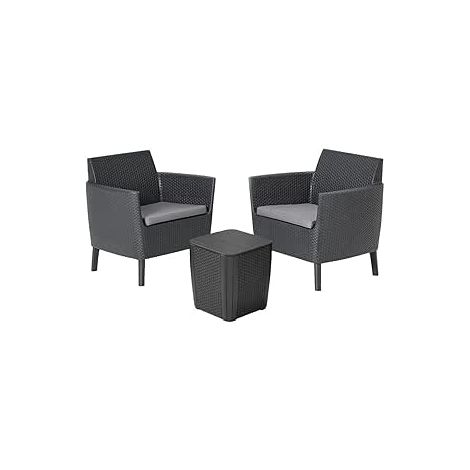 Set da Giardino 3 Pezzi in Rattan Sintetico con Cuscini e Tavolino Contenitore Colore Grafite Modello Salemo Balcony Keter
