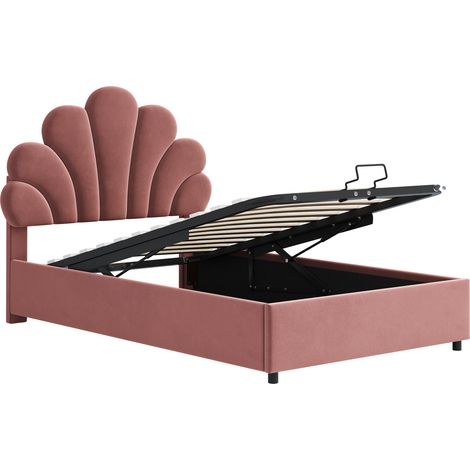 Cama doble tapizada de 90 x 200 cm con cabecero floral, altura regulable y canapé hidráulico, ideal para adolescentes y adultos (rosa). (1/5)