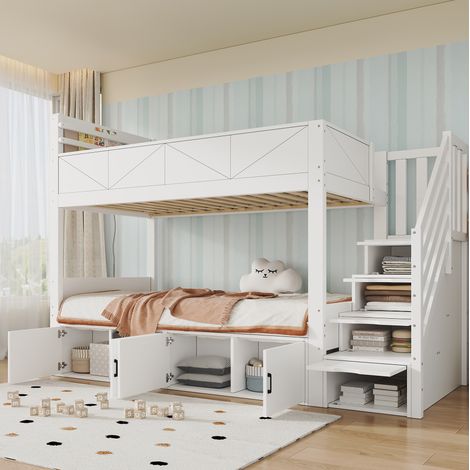 Etagenbett 90 x 200 cm mit Stauraumtreppe, Schrankfächern und Schutzrand OKMYHOME (1/5)