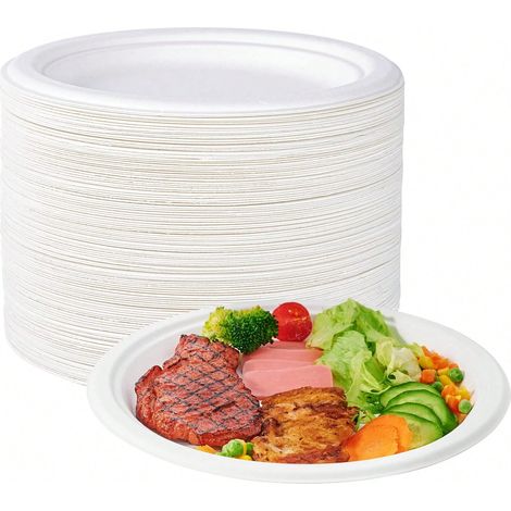 50 pièces d'assiettes en papier compostables haute résistance de 10 pouces - jetables, écologiques, en bagasse de canne à sucre, blanches (1/5)
