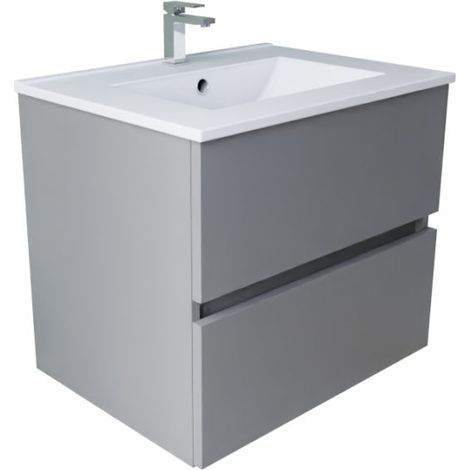 Meuble salle de bain suspendu 60 cm ROSALY INOX- Gris- Plan vasque en Céramique (1/4)