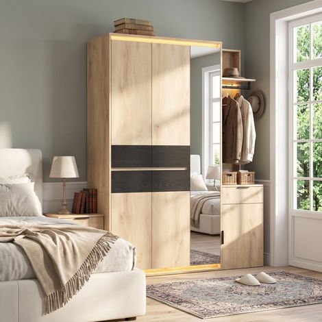 Armoire 155 cm avec miroir LED, 3 tringles à vêtements, 5 tiroirs et rangements multiples, meuble d'entrée moderne en MDF, effet chêne et anthracite (1/5)