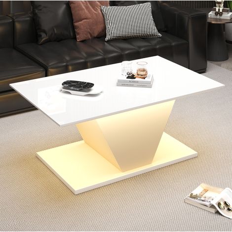 Tavolino da caffè 100x50x46 cm, con illuminazione LED, piano lucido, design a V, truciolare bianco (1/5)