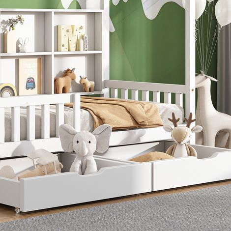 Lit cabane enfant 90x200 cm avec bibliothèque, armoire grillagée, étagère & 2 grands tiroirs – forme cheminée, rangement intégré, blanc (1/4)