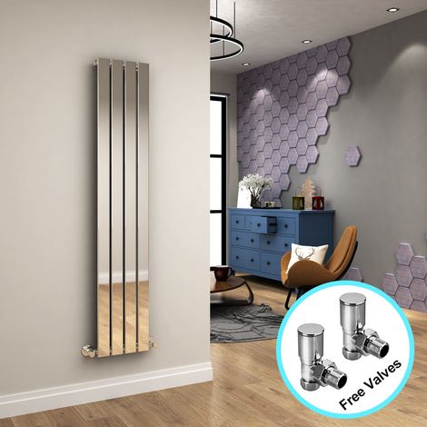 ELEGANT Chrome Vertical Radiator 1600 x 300 Single Flat Panel Central Heating Designer Radiators + Angled Radiator Valves (1/5)