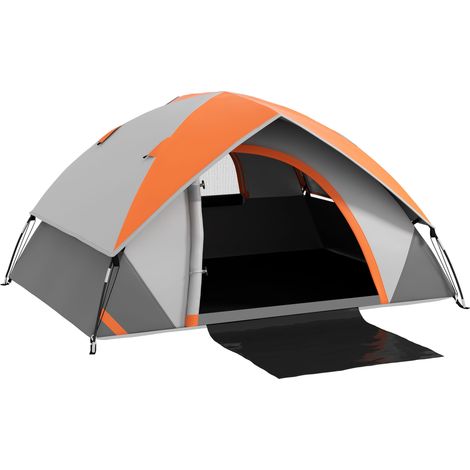 Tente dôme pour 2 personnes, légère, stable et imperméable, avec porte et fenêtre, sac de transport, gris et rouge rouille.