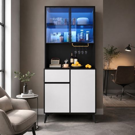 Vitrinenaufsatz Schwarz-Weiß mit LED, 2 Glastüren, MDF, 80 x 40 x 180 cm, OKWISH (1/5)