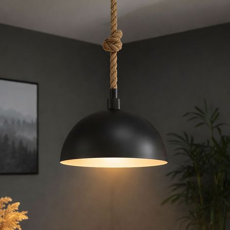 Luce a sospensione in corda di canapa Luce a sospensione retro per sala da pranzo nera, metallo, attacco E27, DxH 40x155 cm