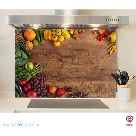 Fond de hotte : Fruits et légumes sur bois - Verre trempé - 60 cm - 45 cm (1/5)