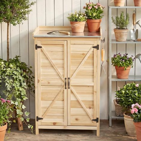 Aoxun armoire de jardin en bois, table de rempotage avec rangement pour outils, double porte, crochets latéraux et étagère réglable, abri de jardin pour jardin et terrasse, 64 x 40 x 95 cm, bois clair (1/5)